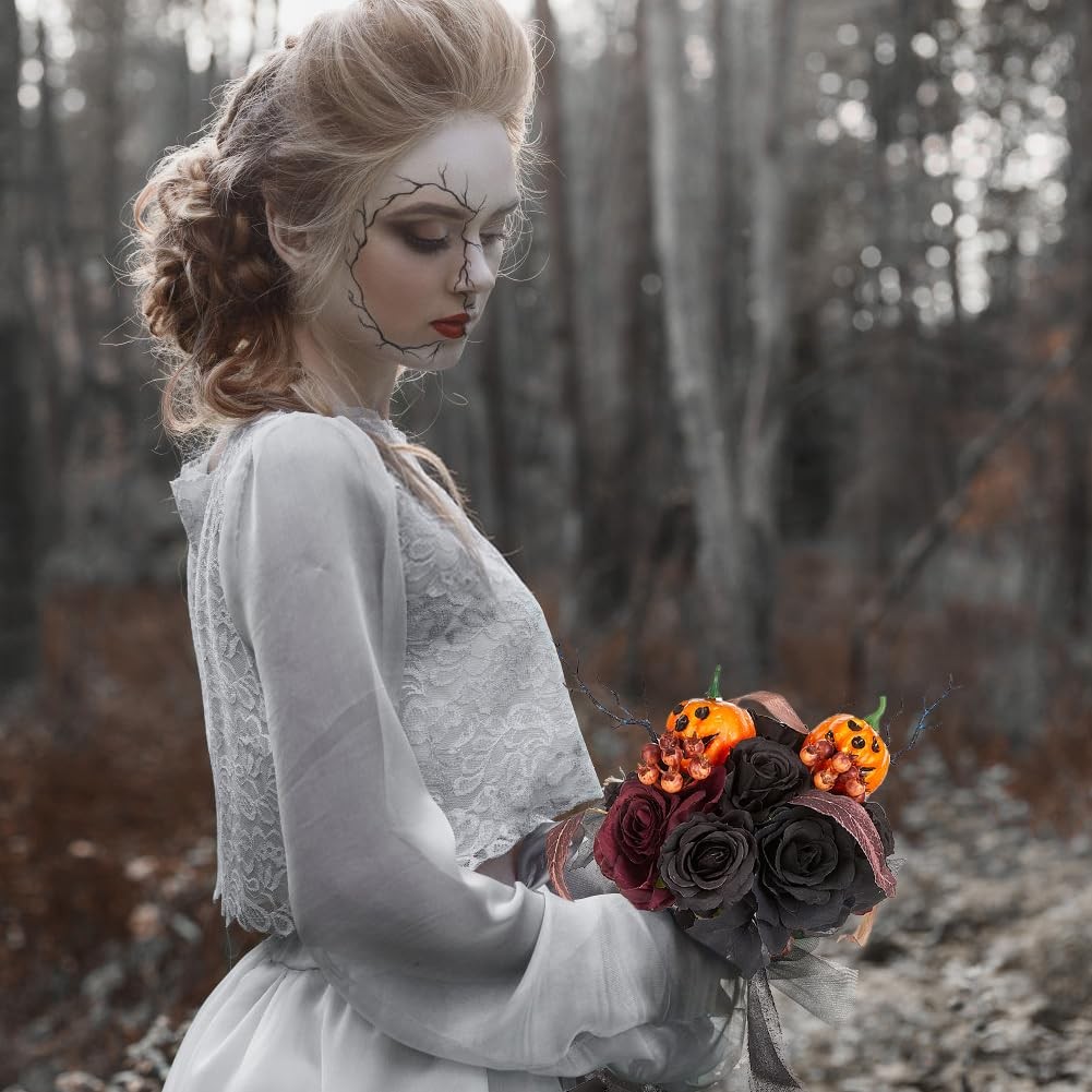 Wedding Bouquets For Bride Bridesmaid Black Burgundy Gothic Artificial Rose