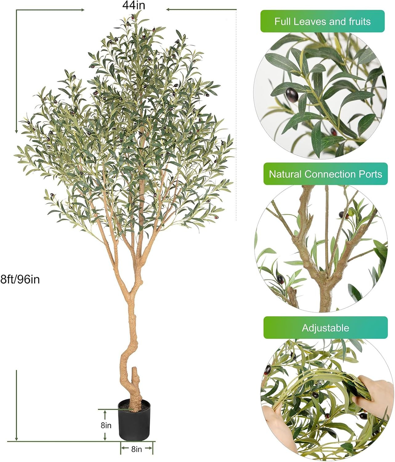 8Ft Realistic Faux Olive Tree with Fruits for Home & Office Decor