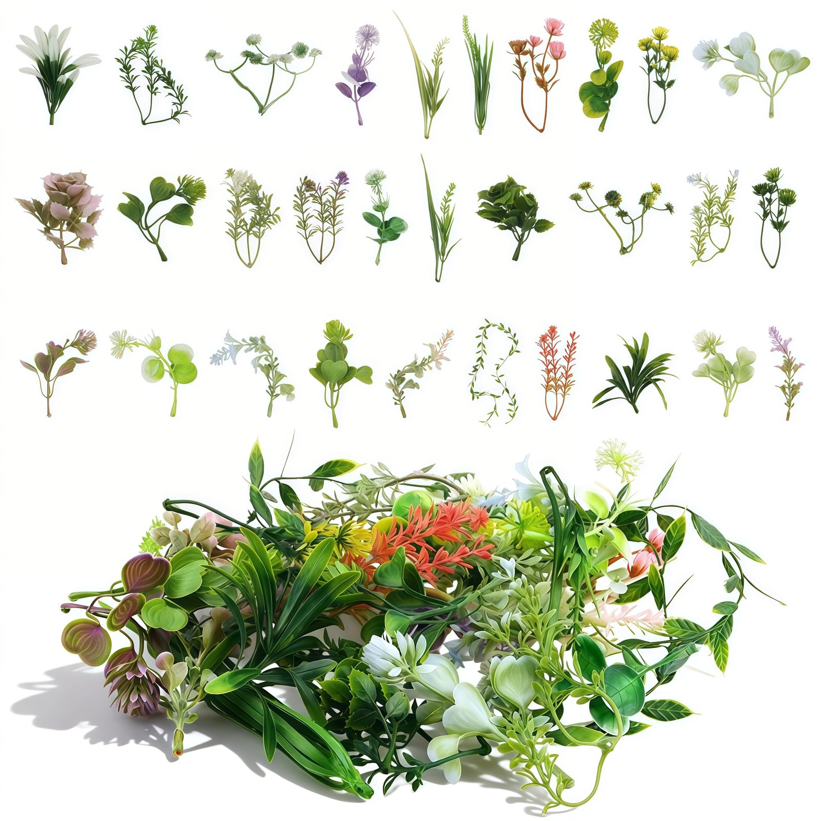 30 Pcs Mini Fake Green Leaves Artificial Flowers Set, Multiple Shapes Artific…