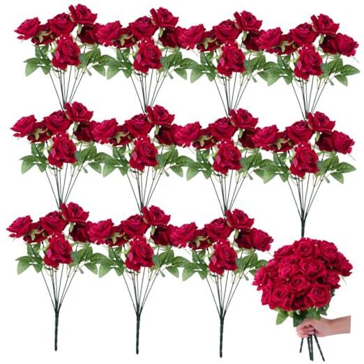 12 Bunches Artificial Roses 7 Heads Silk Flower Roses with Stems Fake Rose Red