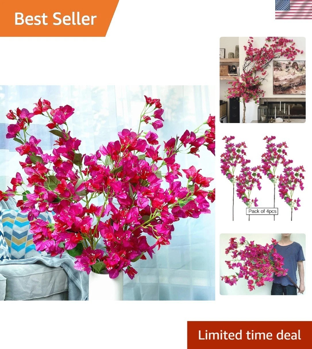 4pcs 45″ Faux Bougainvillea Stems – Perfect for Bridal Bouquets & Centerpieces