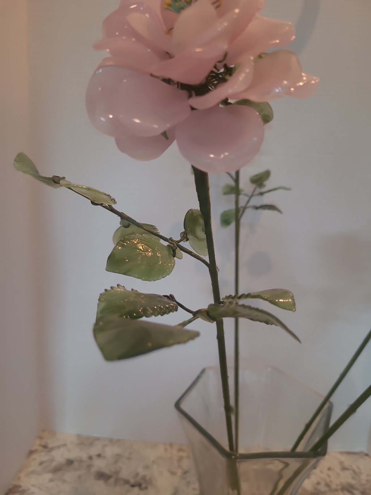 4-Vintage Porcelain Flowers With Plastic Stems Pink 25″ Long Stem