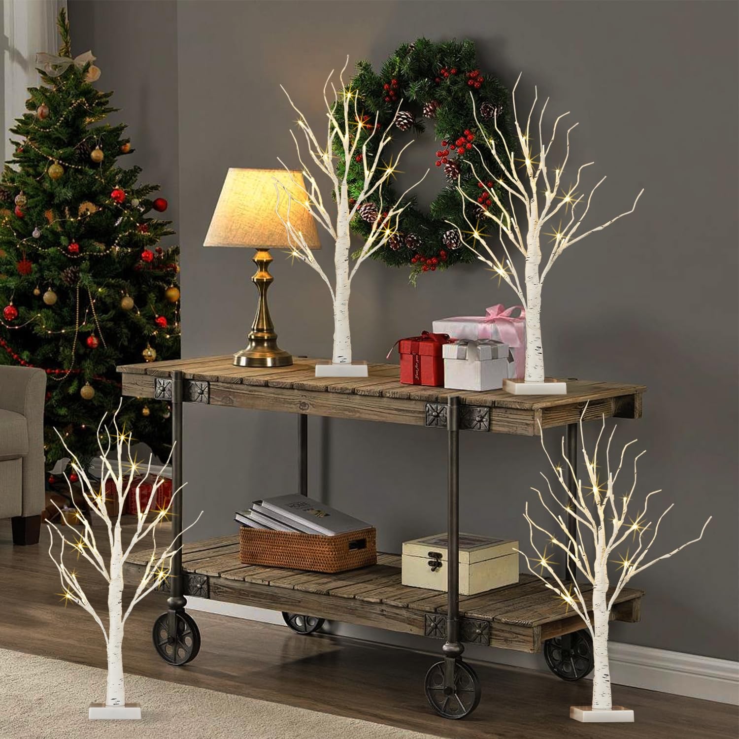 4 PCS Lighted Birch Tree 2 Ft Indoor Battery Operated Artificial 24 LEDs