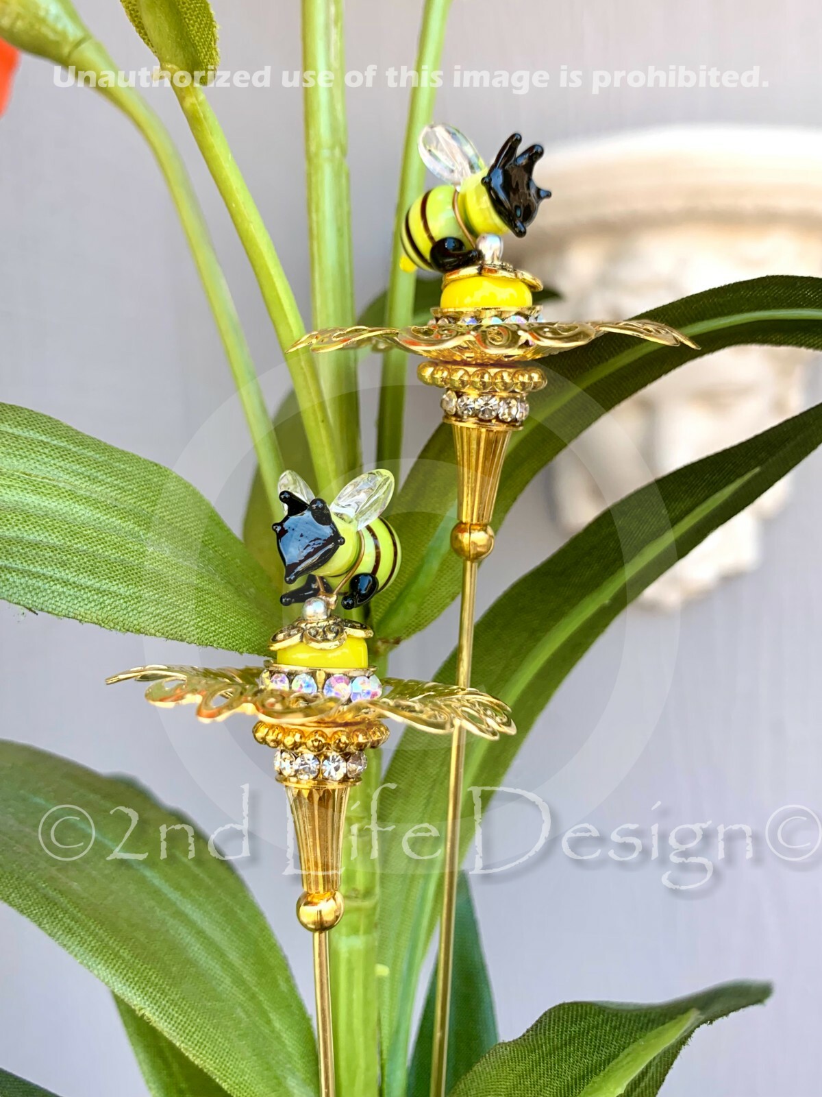 Glass Honey/Bumble Bee Gold Flower Decor Plant Stake/Spike Exquisite US HANDMADE