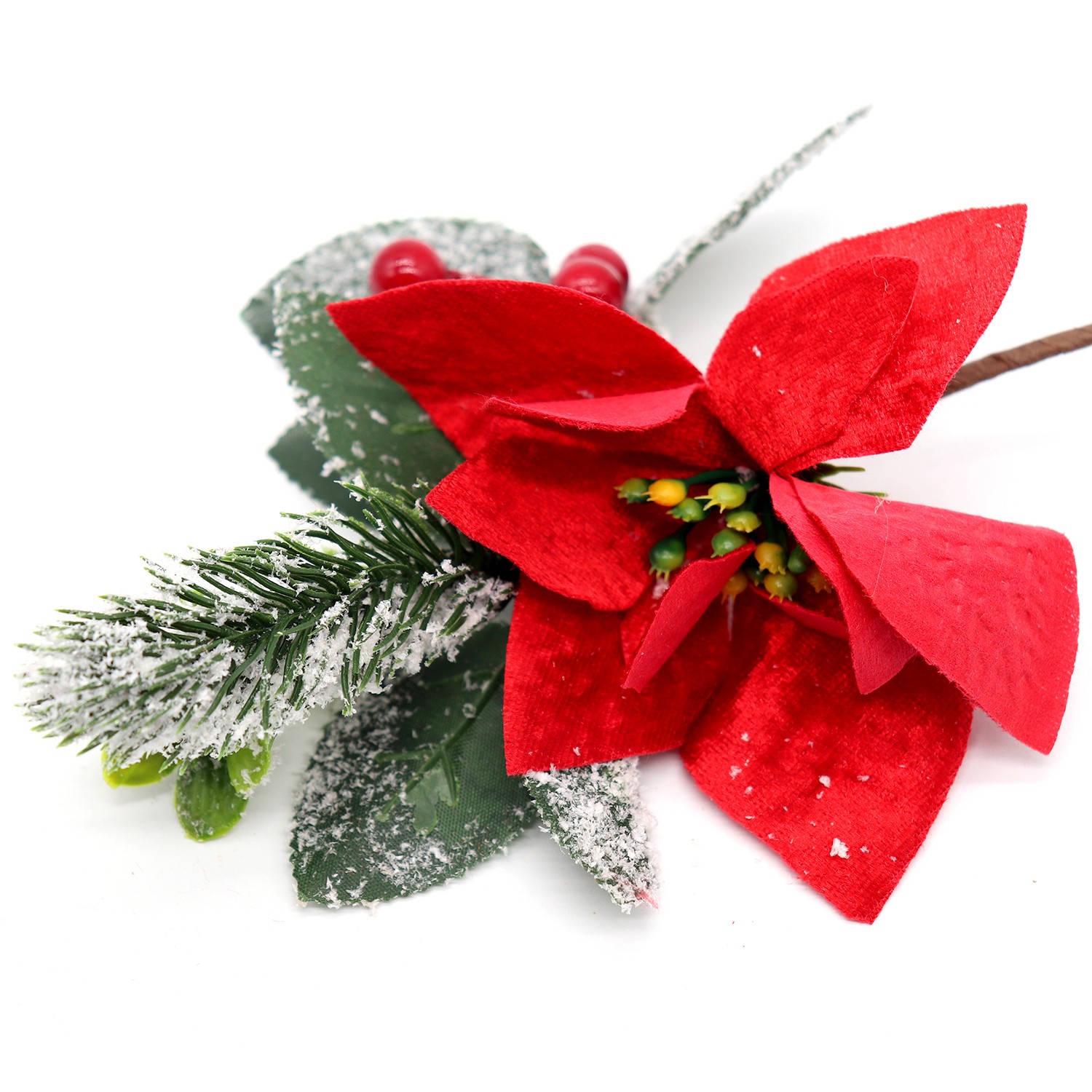 3x 21cm Christmas Red Berry Poinsettia Gold Tree Picks Xmas Floral Stems Décor
