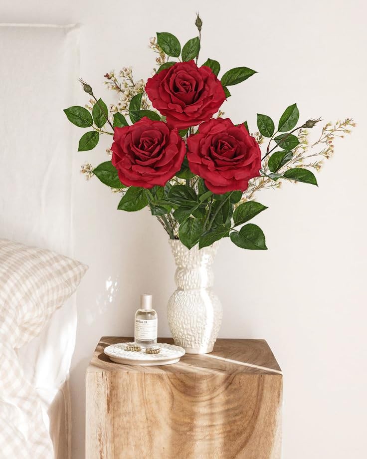 3Pcs Red Roses Artificial Flowers Bouquets 26.3″ Fake Flower Arrangements Sil…