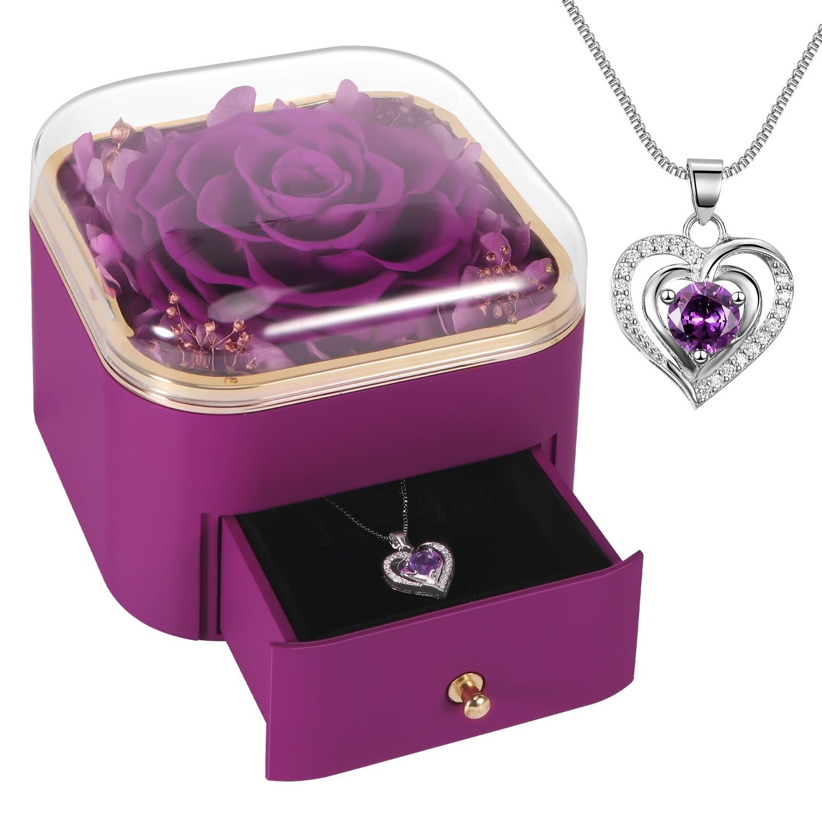 Preserved Real Purple Roses Gift Jewerlry Box, Real Eternal Rose Flower with …