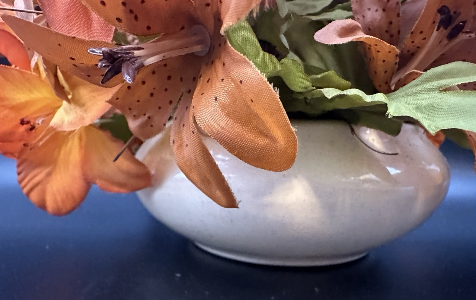 Small Vintage Silk Flower Arrangement Fall Colors Orange Lilies White Ceramic
