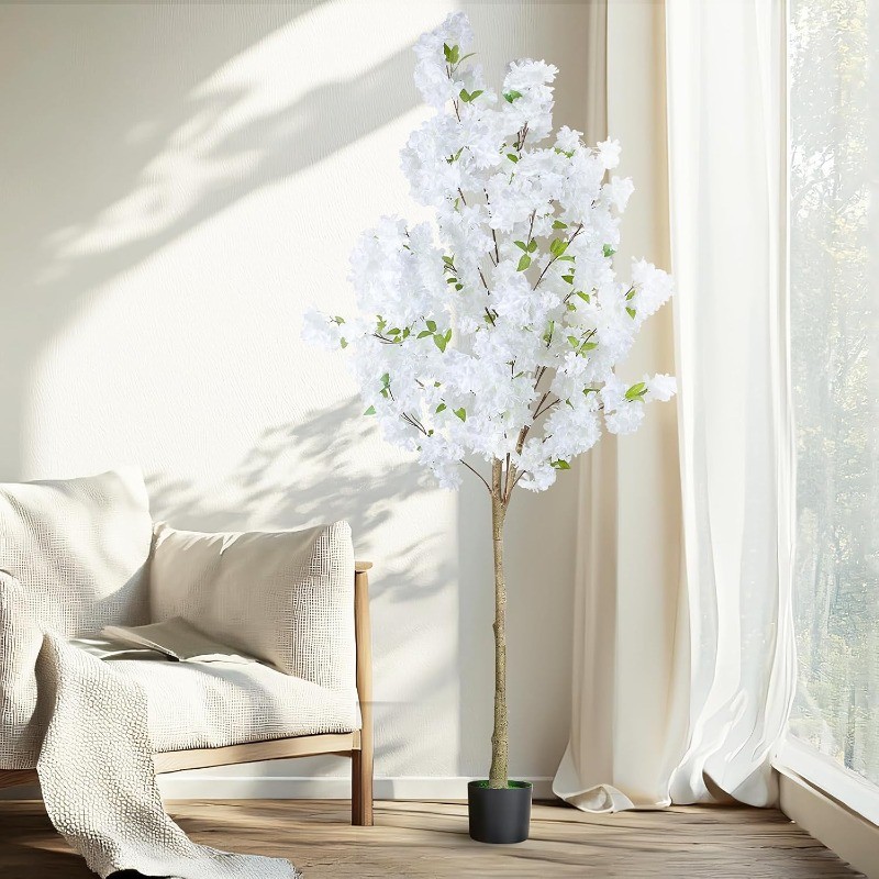 6Ft Tall White Artificial Cherry Blossom Tree,Faux Tree with Plastic Nursery Pot