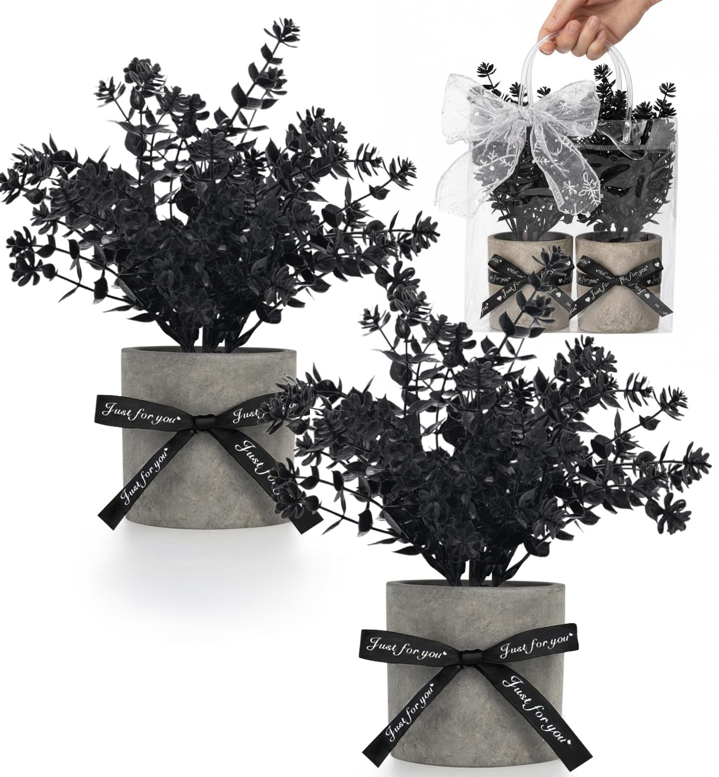 2PCS Small Fake Plants Decor Eucalyptus Artificial Greenery Potted Black
