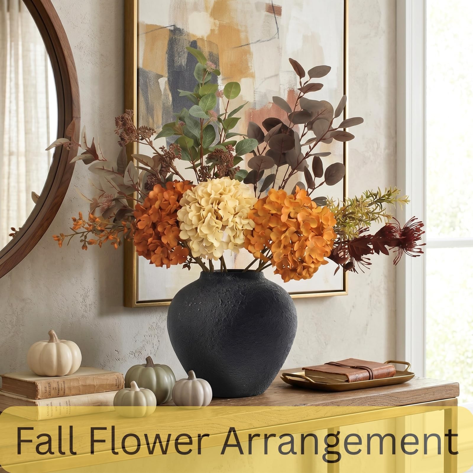 Faux Arrangement – Burnt Orange Hydrangea & Eucalyptus Stems, Fall Centerpiec…