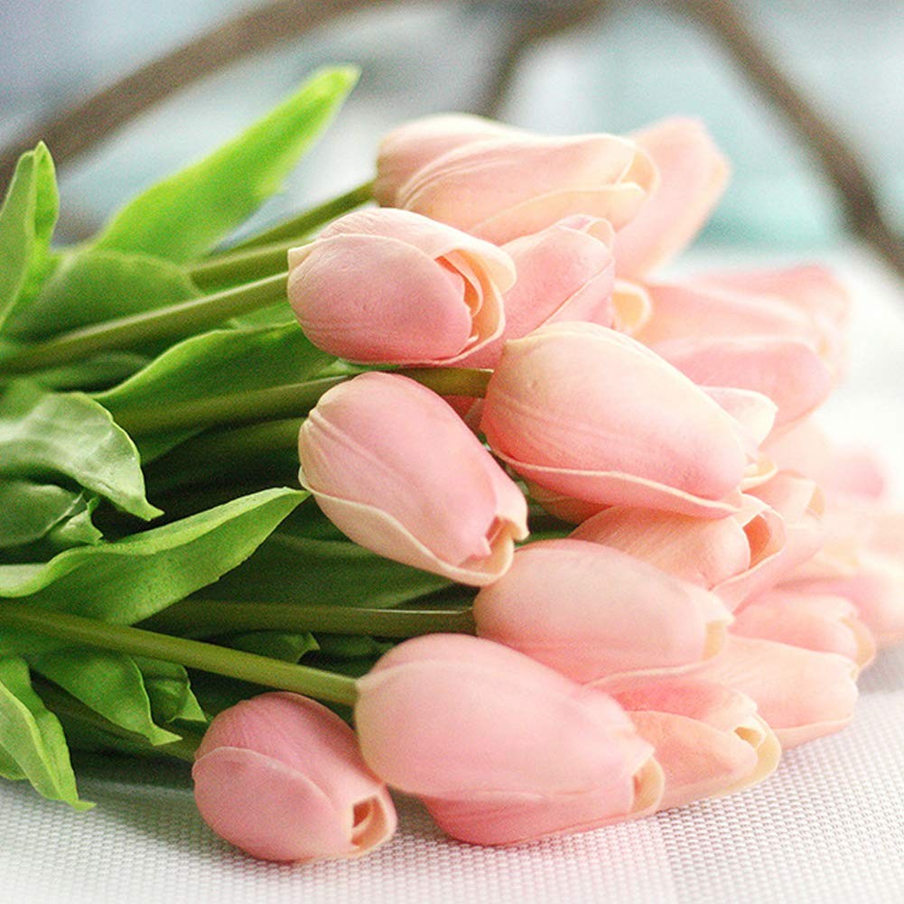 10 PCS Artificial Flowers Real Touch Mini PU Tulips Bouquet Pink Decor