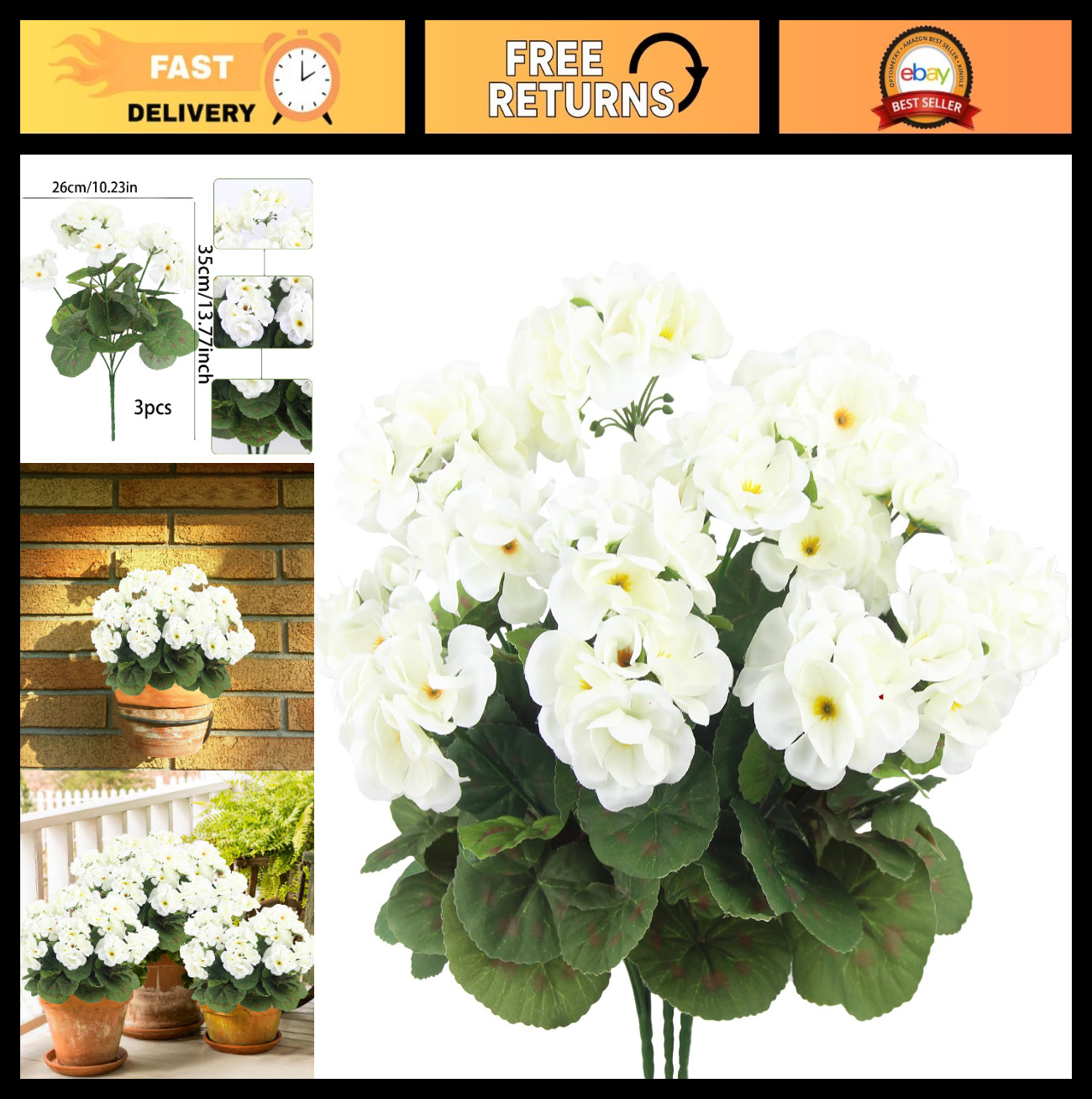 3 Pcs UV Resistant Artificial Geraniums – Silk Faux Flowers for Garden, Home Dec