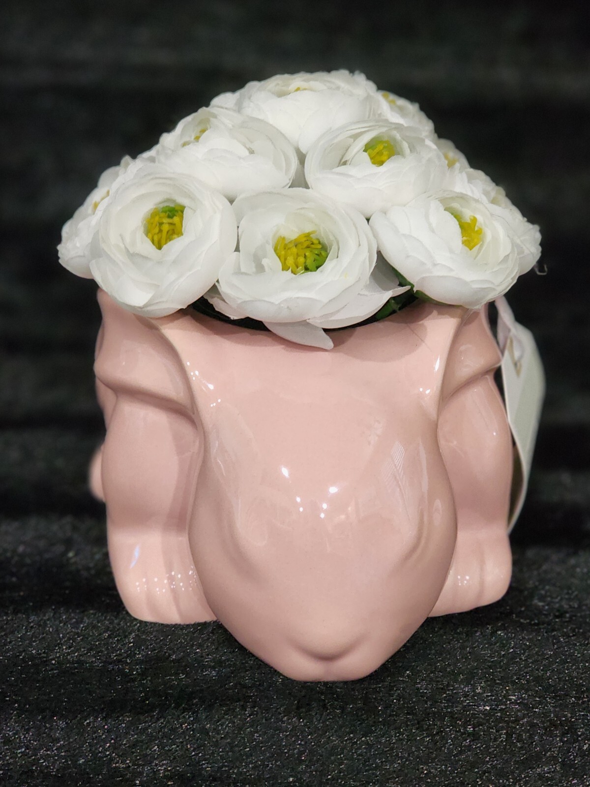 White Silk Floral Arrangement in Pink Ceramic Bunny Planter 7″ Decor Easter Baby
