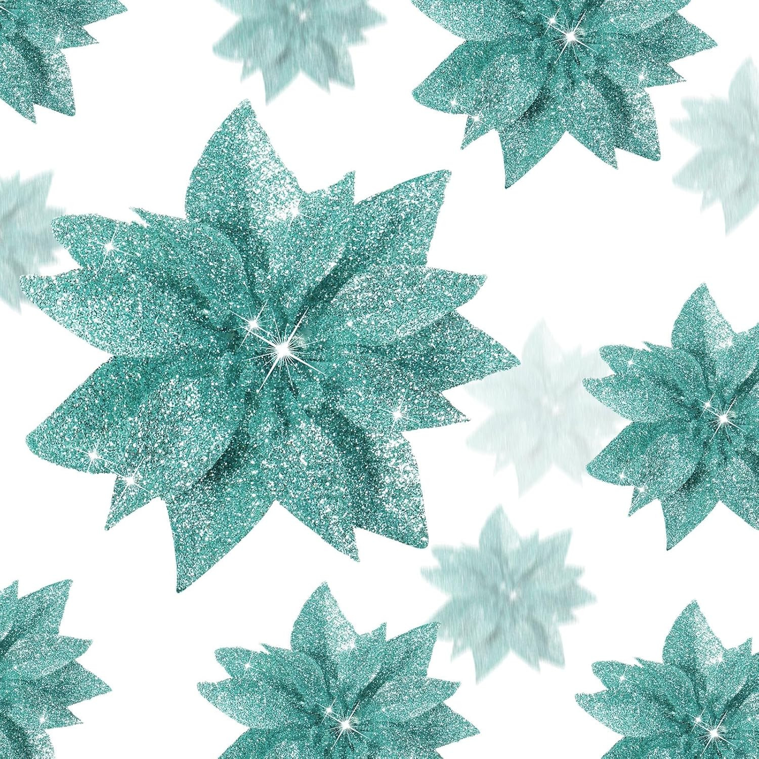 24 PCS Blue Green Glitter Poinsettia Clip-On Ornaments Christmas Tree Decor