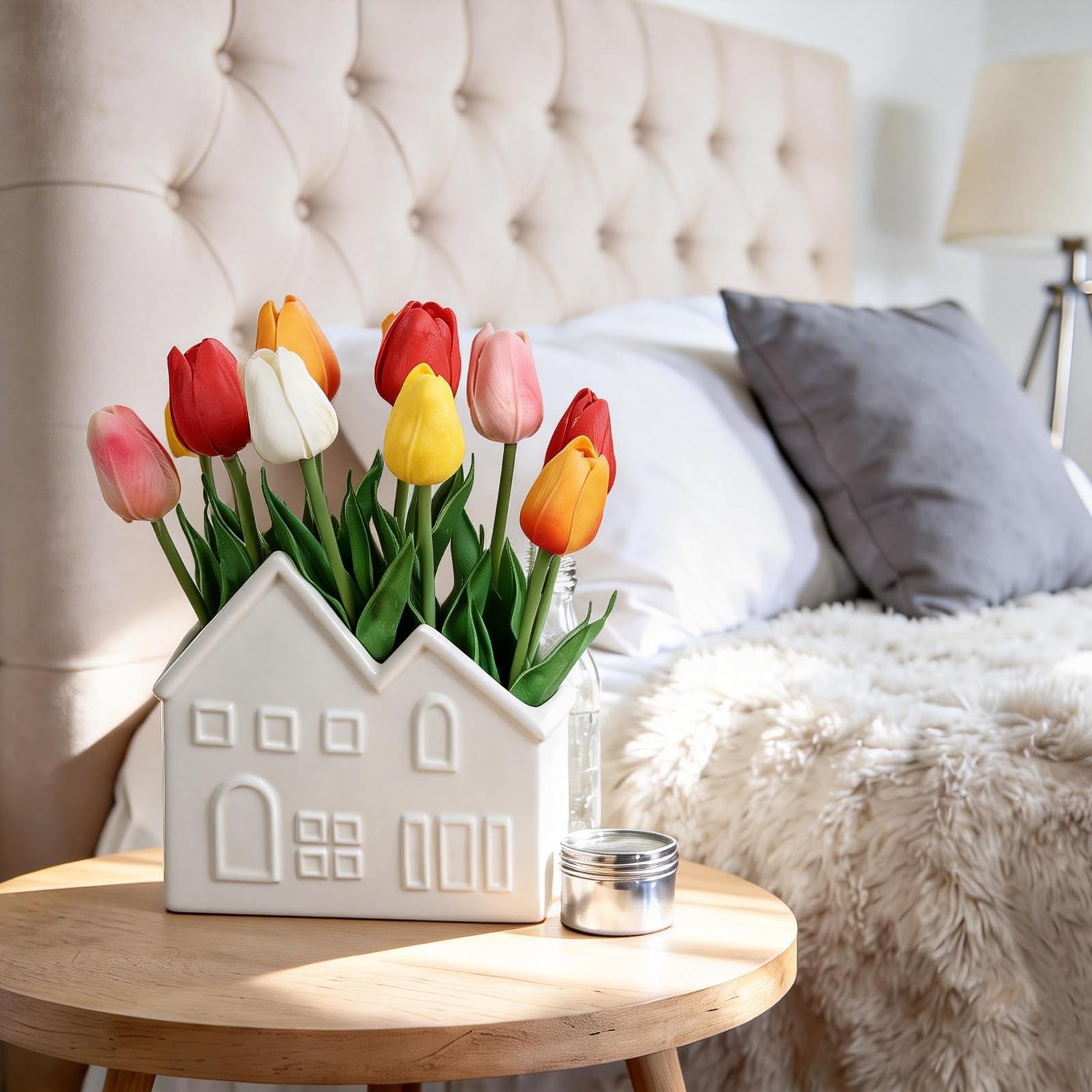 Artificial Tulips Flowers in Ceramic Pot, Real Touch Fake Tulips PU Flower Ar…