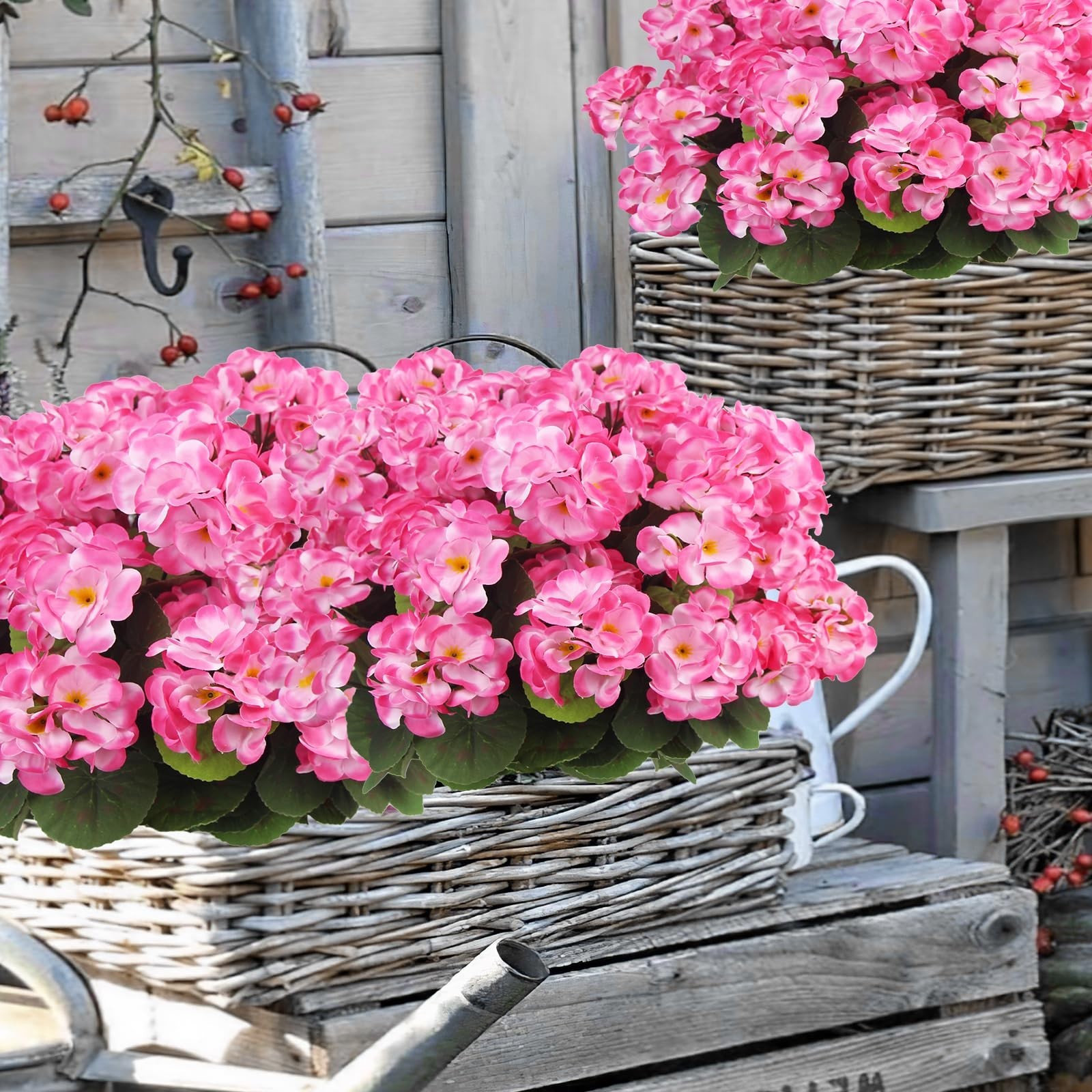 8 Pcs Pink Artificial Geraniums – UV Resistant Faux Flowers for Home, Garden, Pa