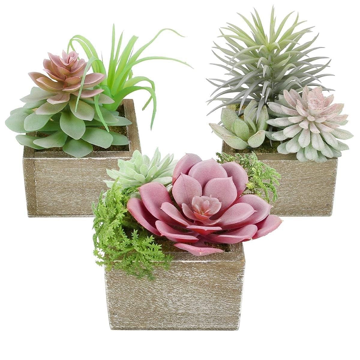 Succulent Plants Artificial, 3 Pack Small Fake Plants in Wood Pot for Home De…