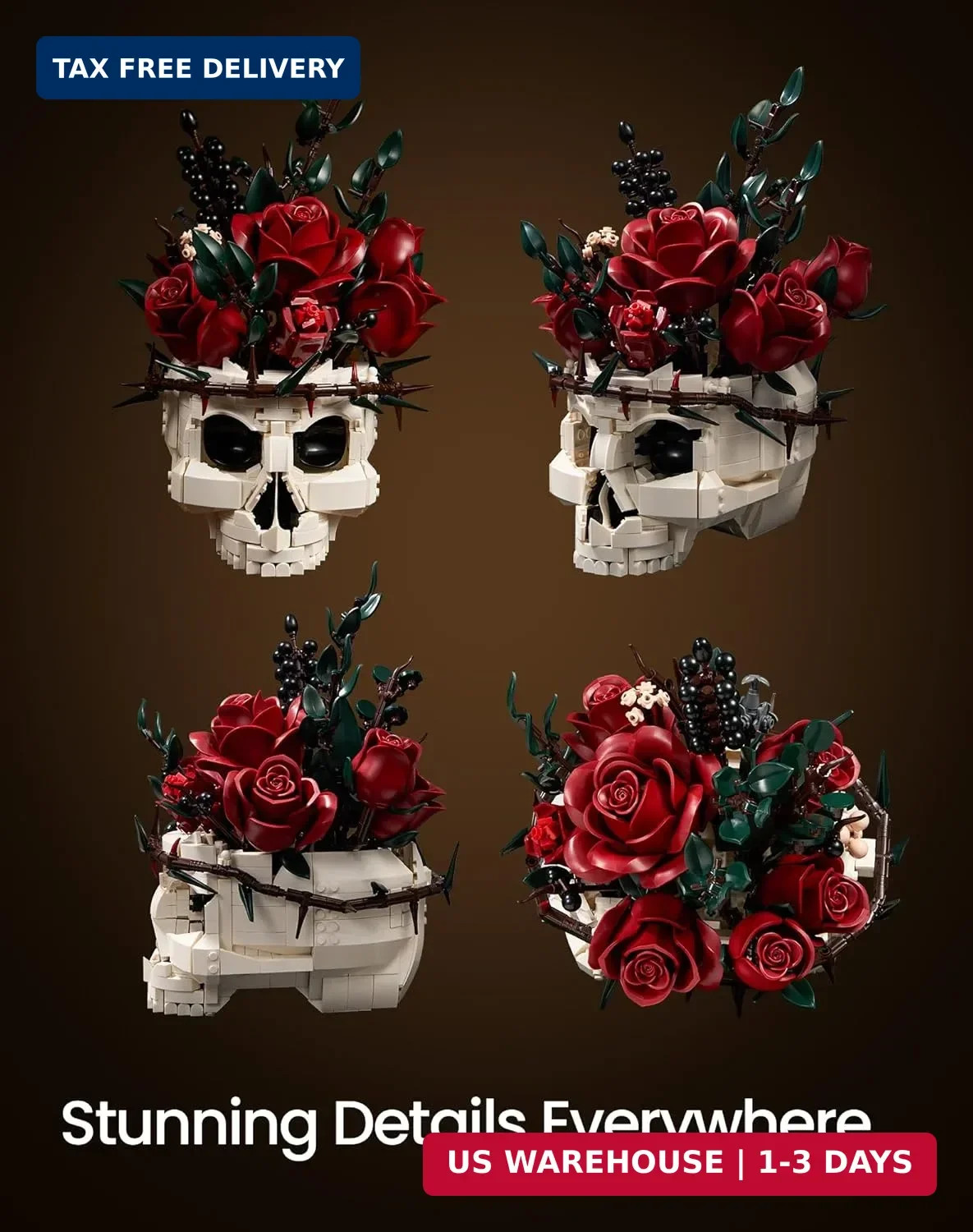 Gothic Skull Rose Flower Bouquet Building Set – Horror Skeleton Botanical Brick