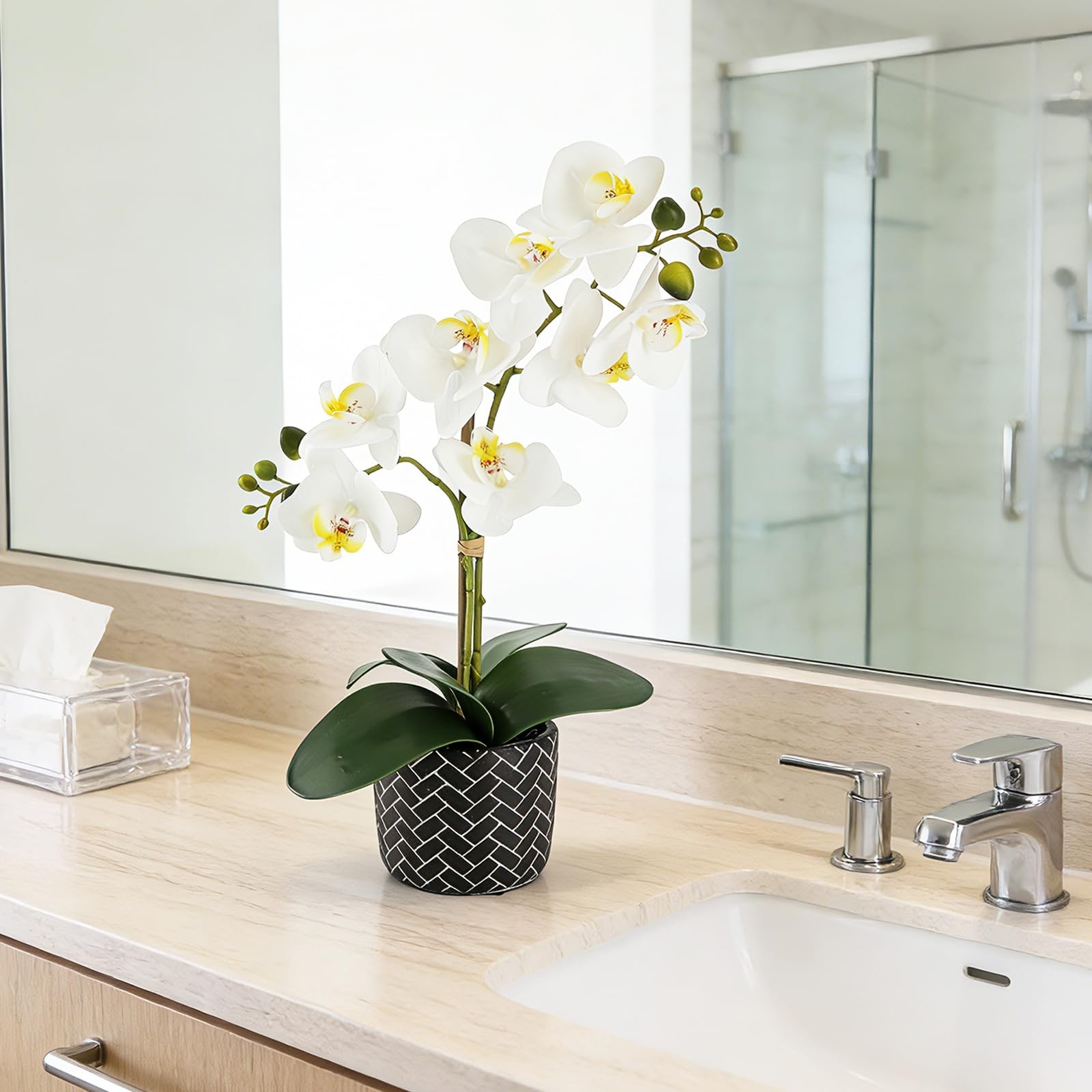 Orchid Artificial Flowers 16″ White Fake Orchid Flowers in Black Ceramic Pot …