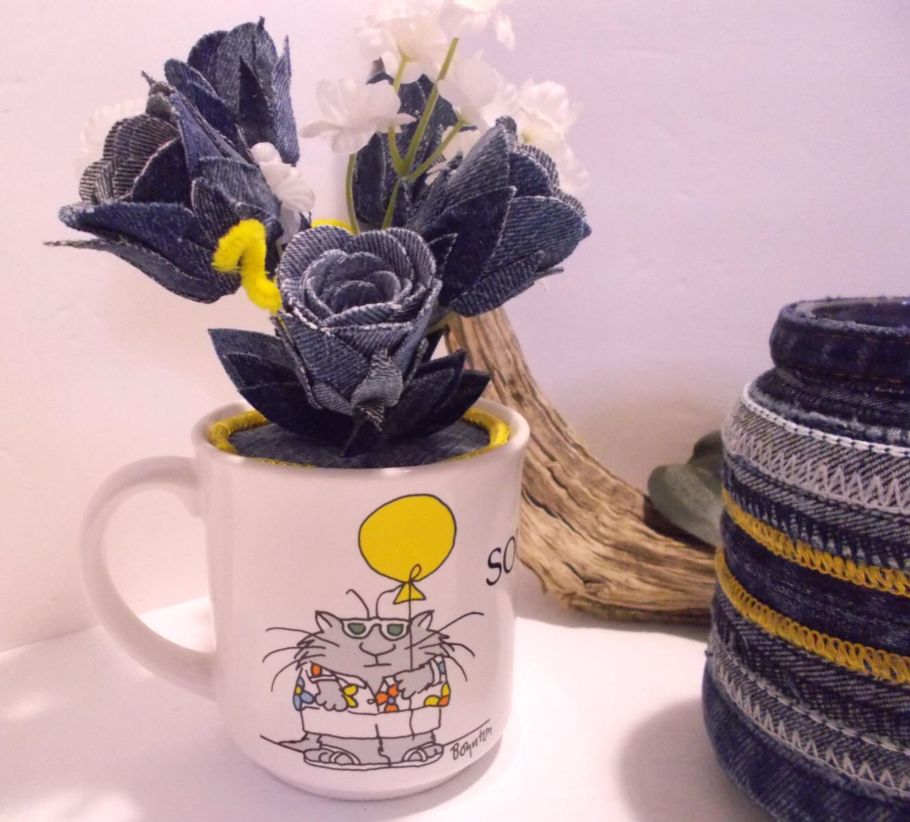 Southpaw Comics Coffee Mug w Handmade Denim Roses and Denim Seams Jar Vase