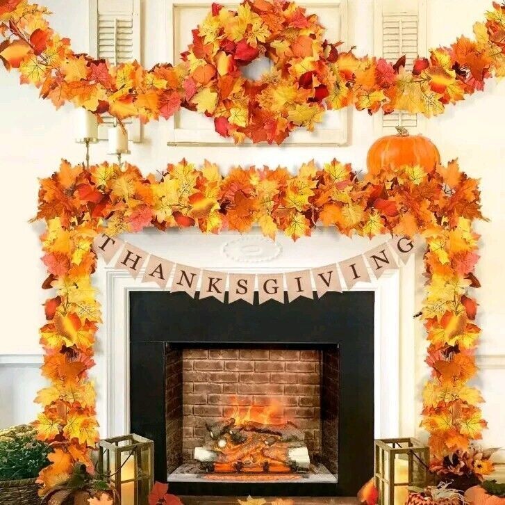 32 ft Fall Garland Maple Leaf Foliage Mantle Vine Door Wall Autumn Christmas