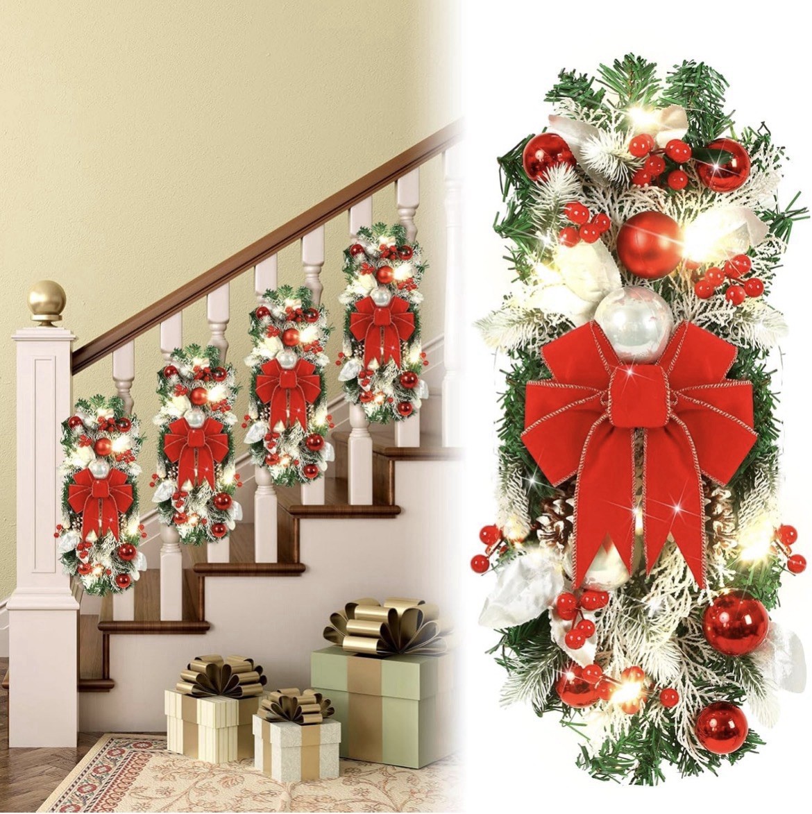 4 Pcs 19.7 Inches Light up Christmas Stair Swags LED Prelit Teardrop Norfolk