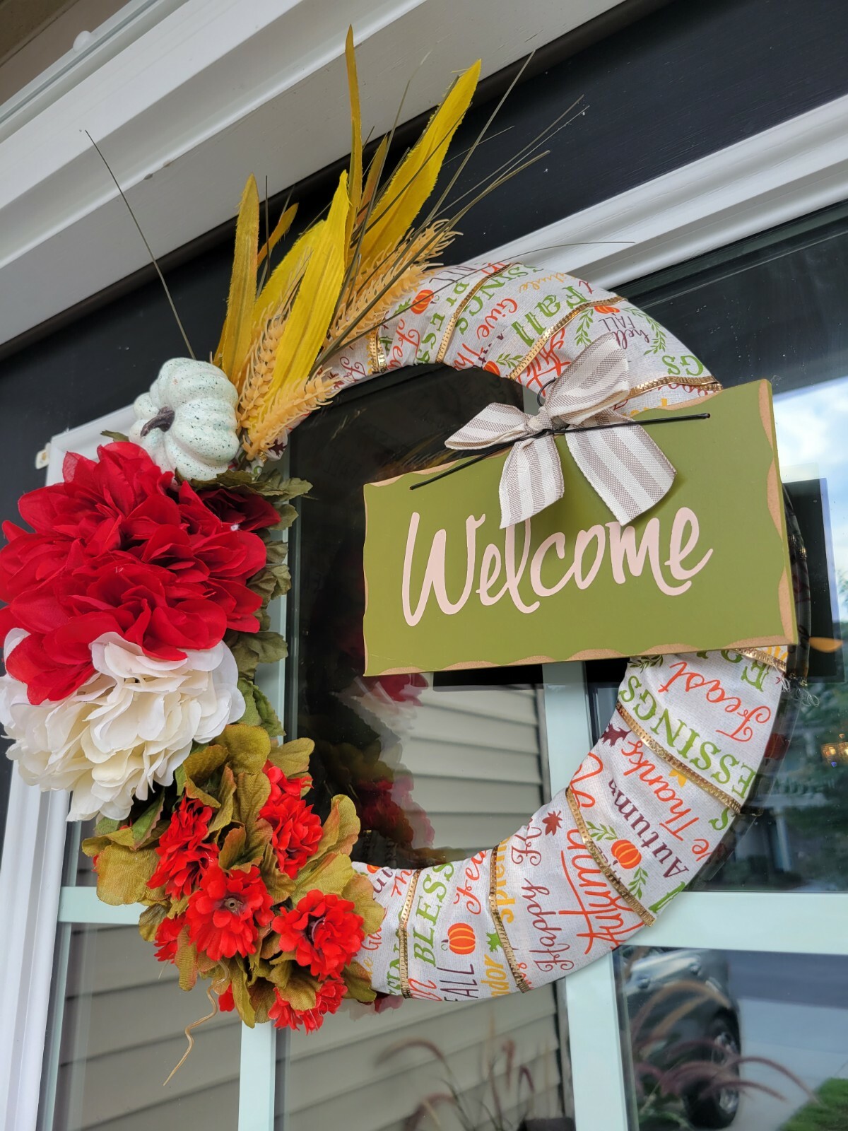 WELCOME fall FLOWER Hydrangeas cat tail burlap WREATH autumn Decor Front Door