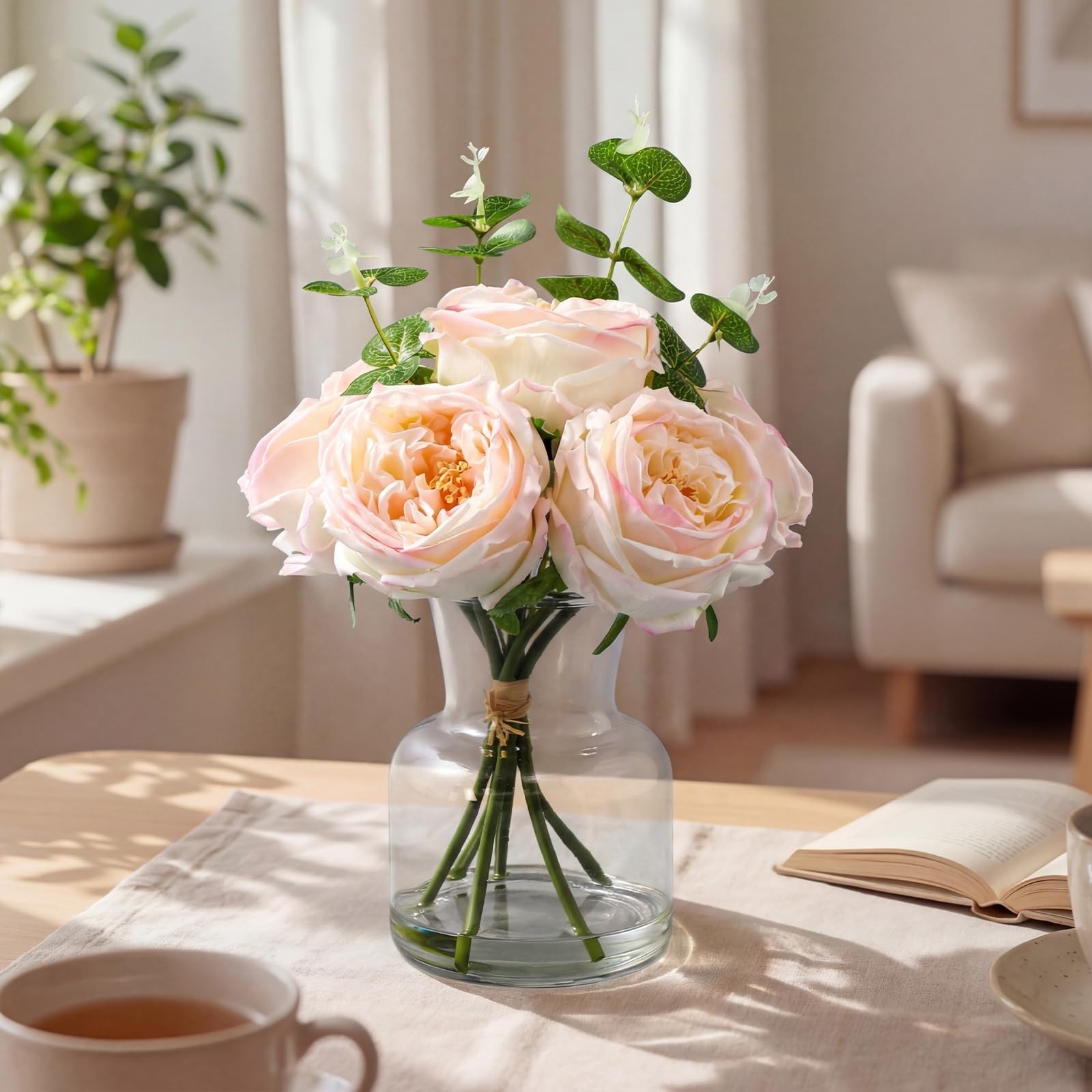 Real Touch Peonies Artificial Flowers Faux Austin Rose Vase Light Pink 6 PCS