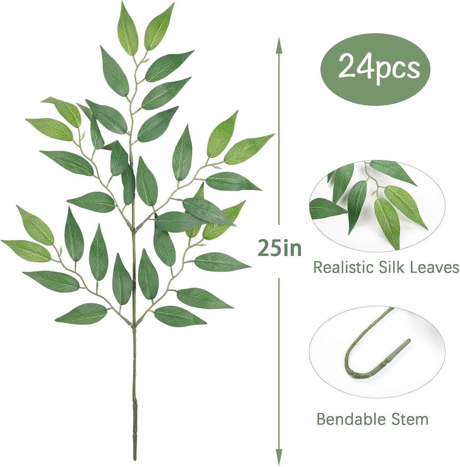 24Pcs Italian Ruscus Artificial Greenery Stems Silk Green Leaves 20In Fake Spray