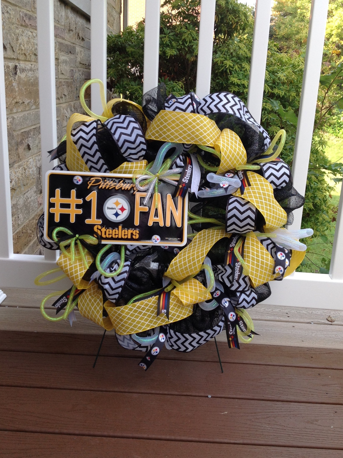 Handmade Pittsburgh Steeler black and yellow/gold football deco mesh wreath