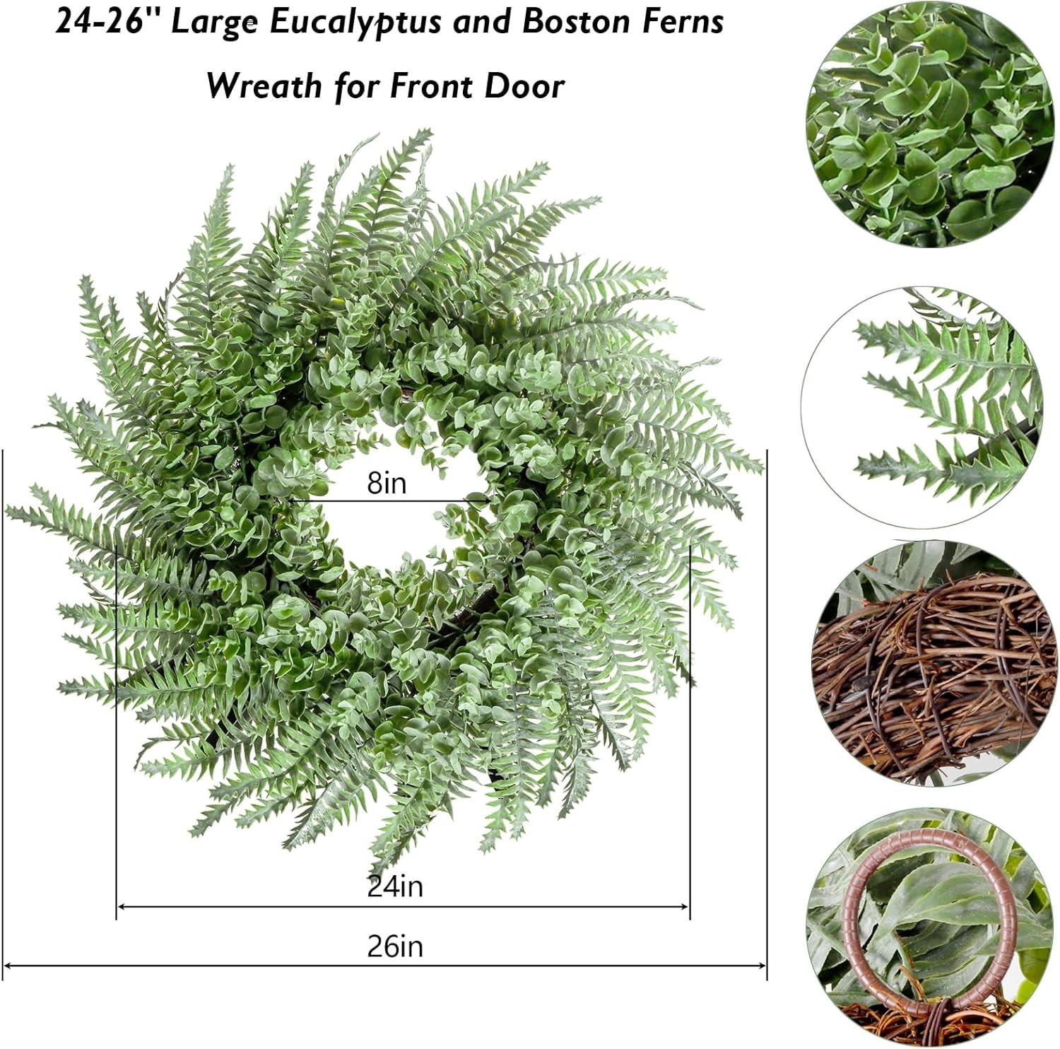 26” Eucalyptus and Boston Ferns Wreath for Front Door – Artificial Eucalyptu…