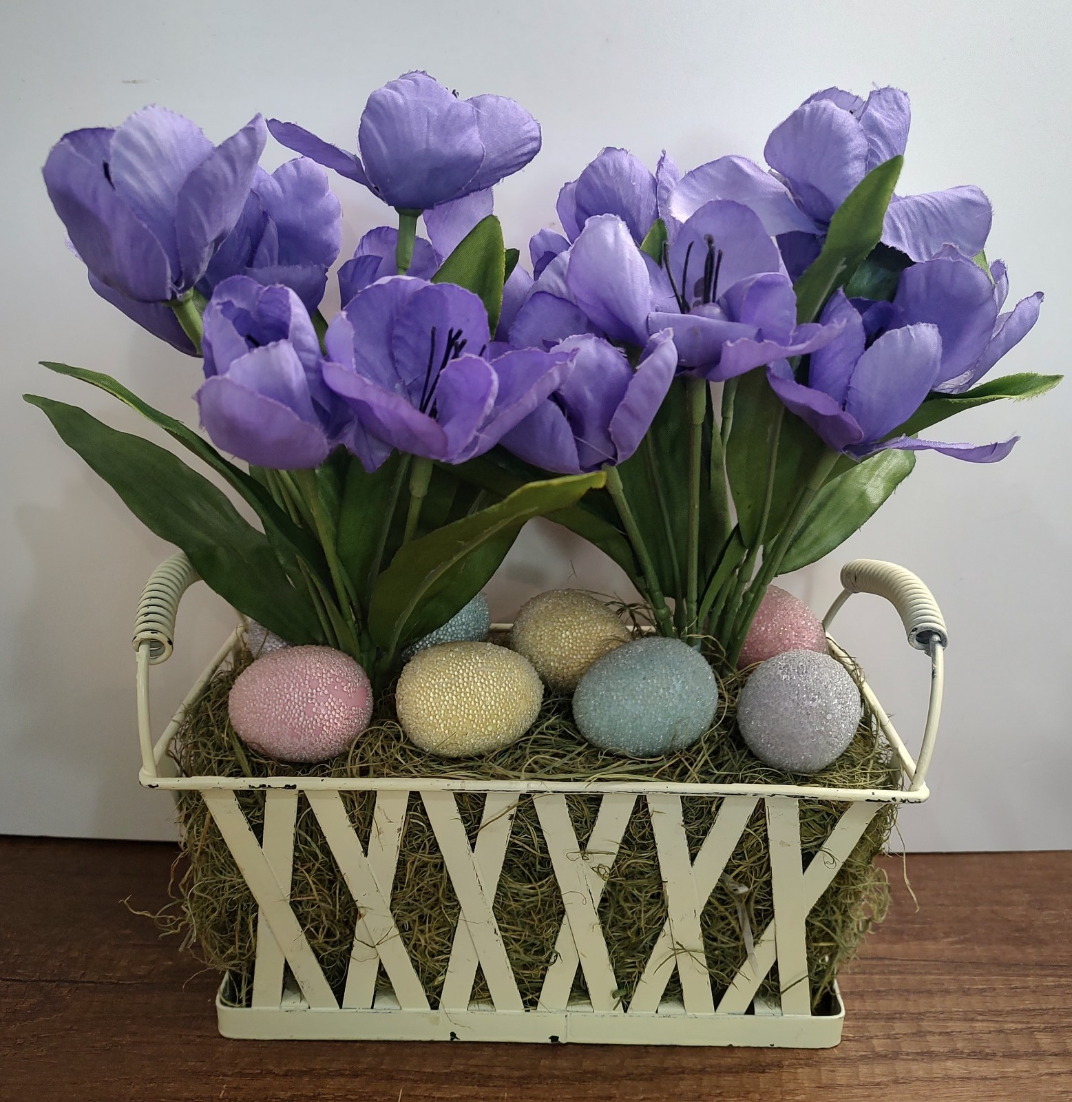 Easter Table Centerpieces Artificial Floral Purple Iris Metal Basket