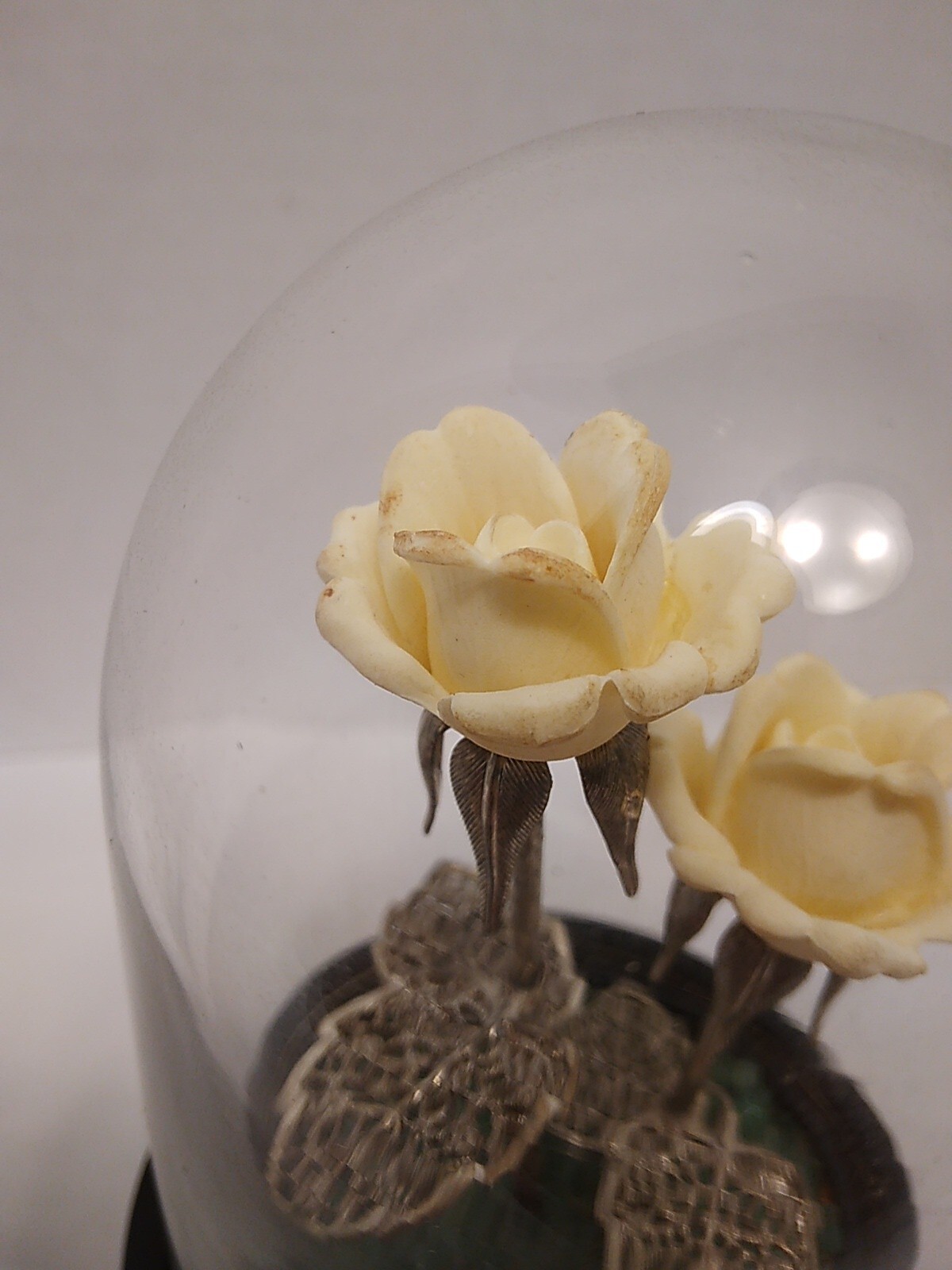 Glass Dome Display With Porcelain Roses On Silver Stems Wood Base NEEDS CLEANING
