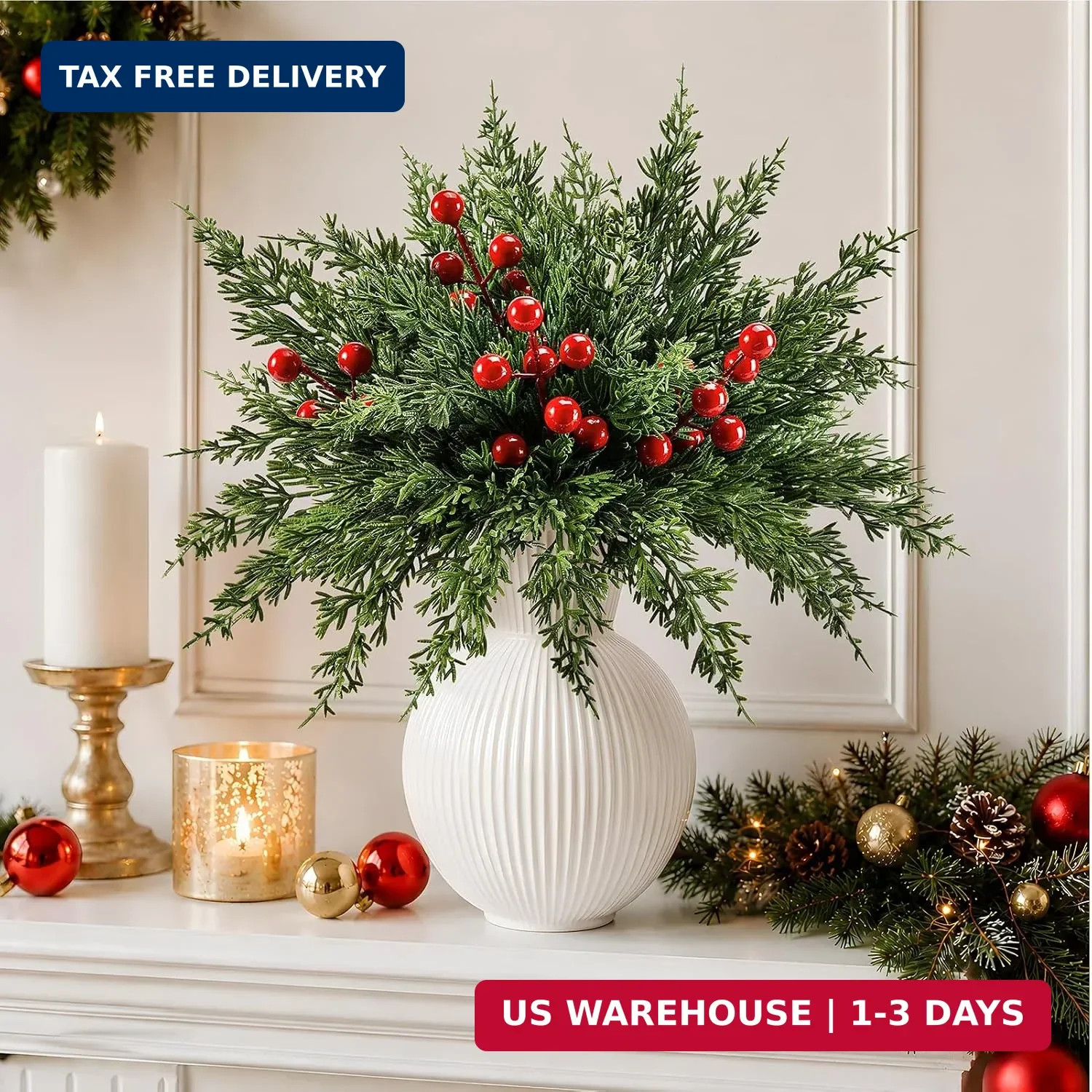 45Pcs Artificial Pine Branches with Red Berry Stems,Christmas Faux Green Cedar S