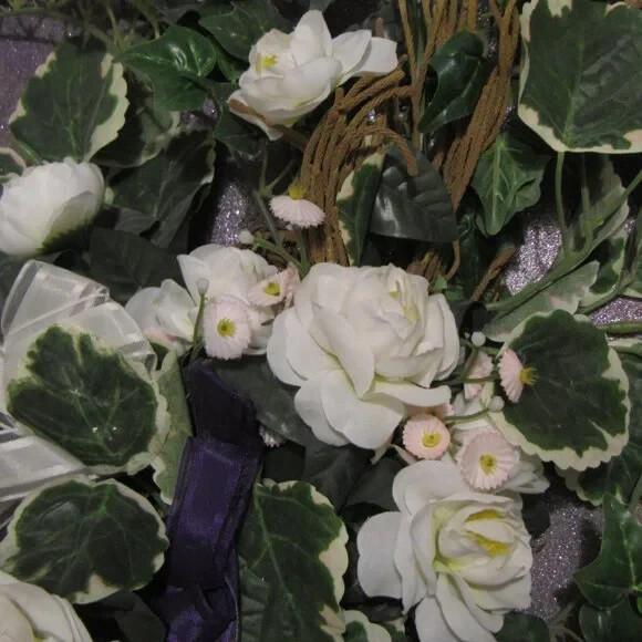Handmade White Silk Flower Decoration on Purple Wood Wall Art Wedding Ivy 14×17