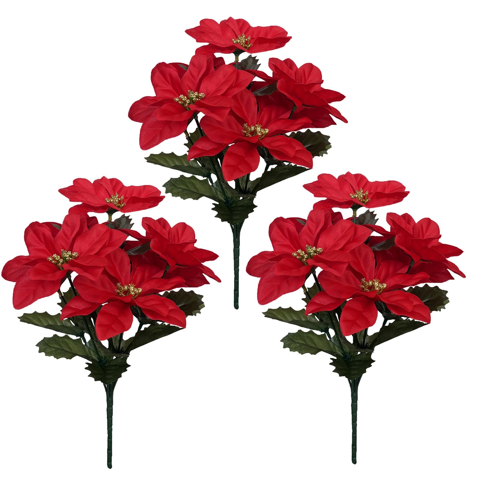 3 Pack Artificial Poinsettia Bushes – 9.8″ Faux Red Poinsettia Bouquets with …