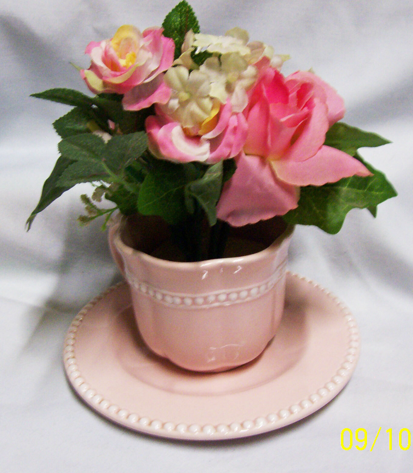 CUP & SAUCER SET FIGIS 3″ H Unique w/Artificial Pink & White Flowers 2009 (A1)