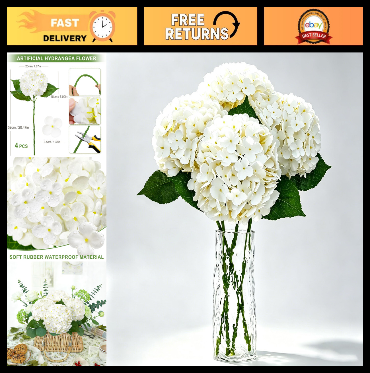 4 PCS Realistic White Hydrangea Faux Flowers 20.5″ – Large Artificial Blooms for