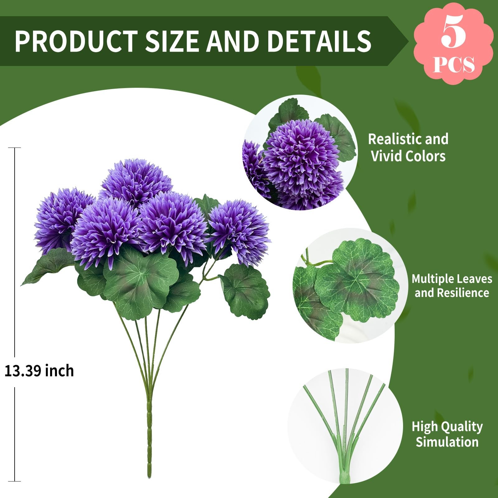 Artificial Flowers for Outdoors, 6 Pcs Globe Daisy (Purple)