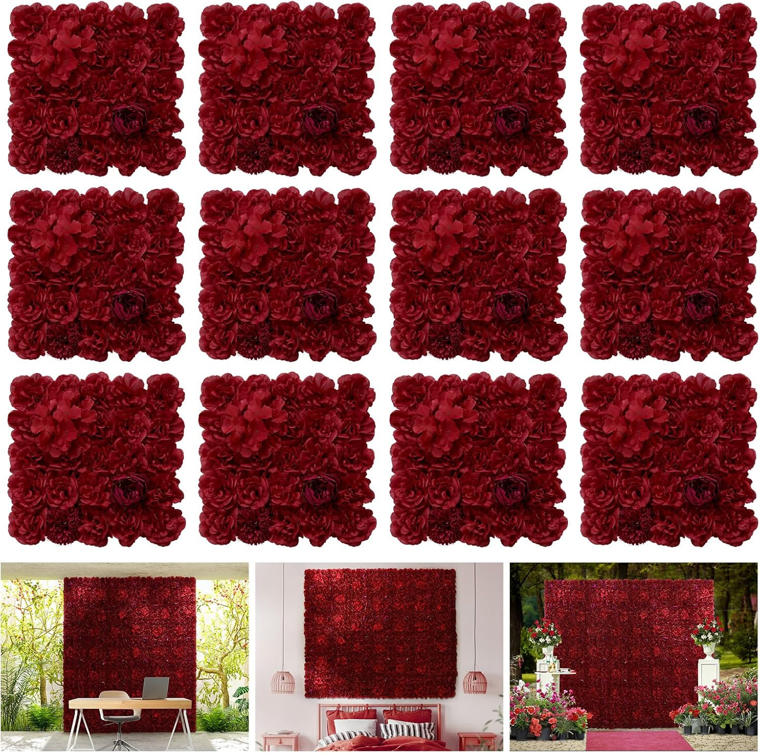 Maroon Flower Wall Panel Set – 12 Pcs Silk Rose Backdrop for Events & Home Decor