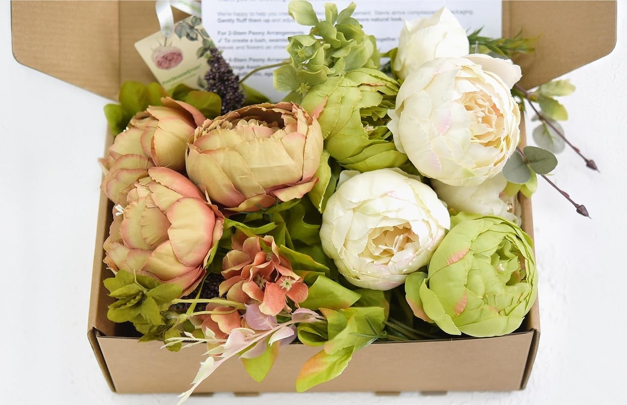 Rustic Brown, Beige & Green Artificial Peony Bouquets, 2 Silk Flower Bundles …