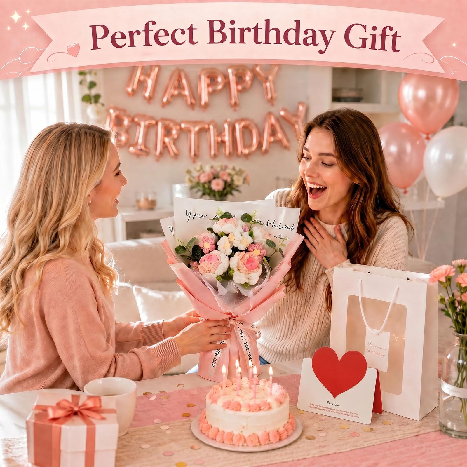Pink Crochet Tulips Flower Bouquet Gift Lover Birthday Graduation Card Bag