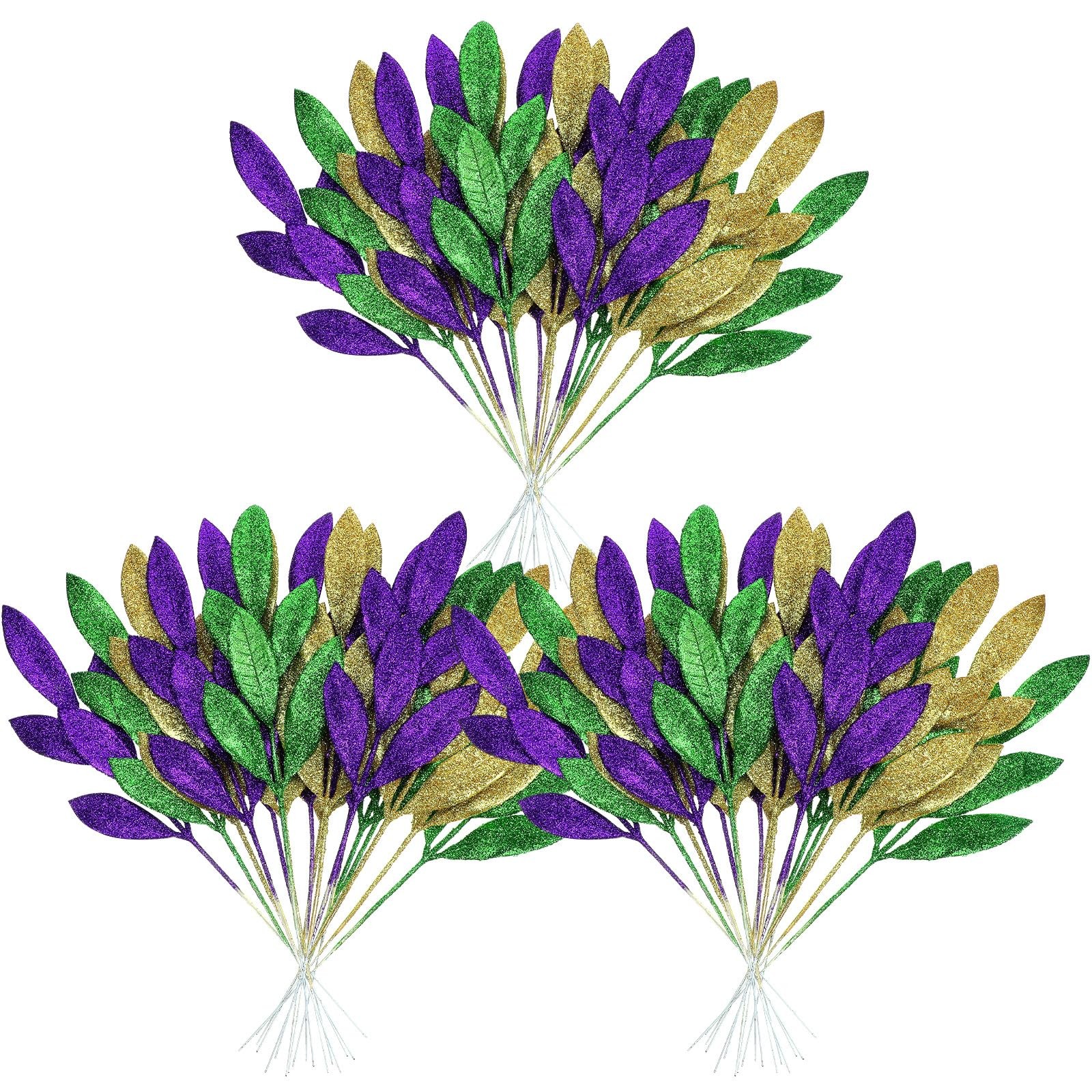 24 Pcs Mardi Gras Decorations Leaf Picks Vase Filler, 14″ Tall Purple Green G…