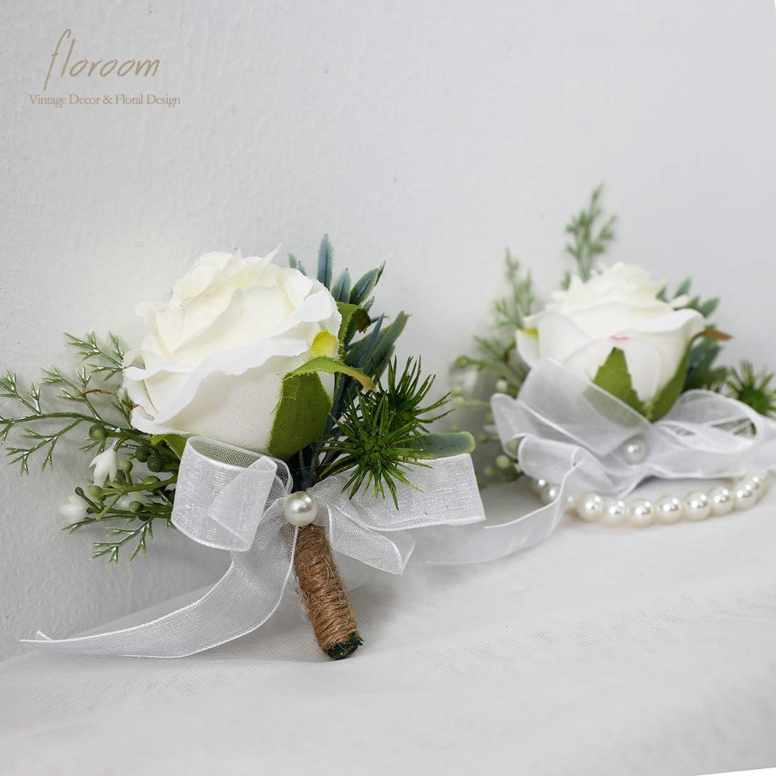 Ivory Rose Wrist Corsage and Boutonniere Set for Weddings and Proms