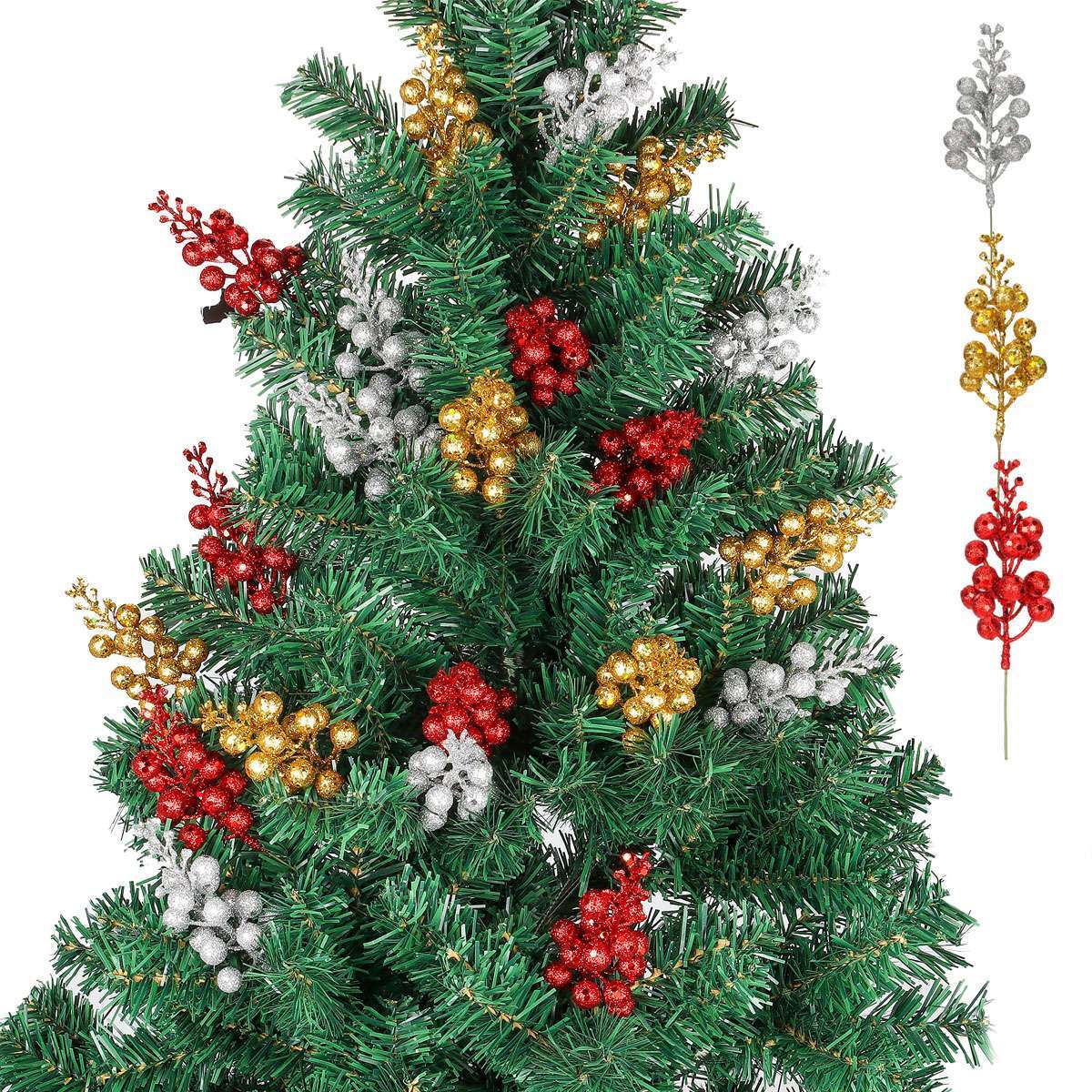 Artificial Glitter Pine/Berry Needles – Fake Branches Picks for Christmas Decor