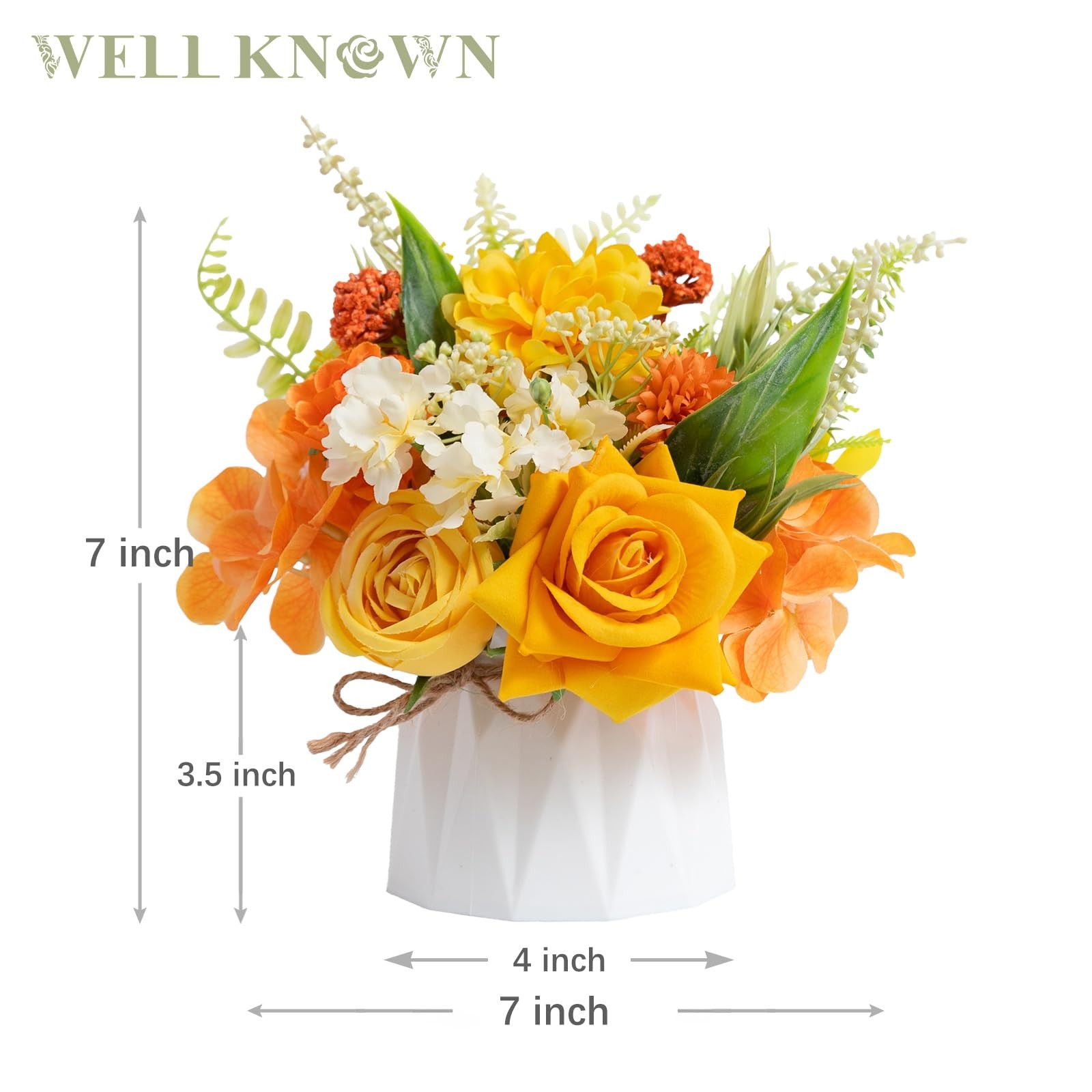 Small 7 Inch Fake Flowers In Plastic Vase Yellow Orange Centerpieces