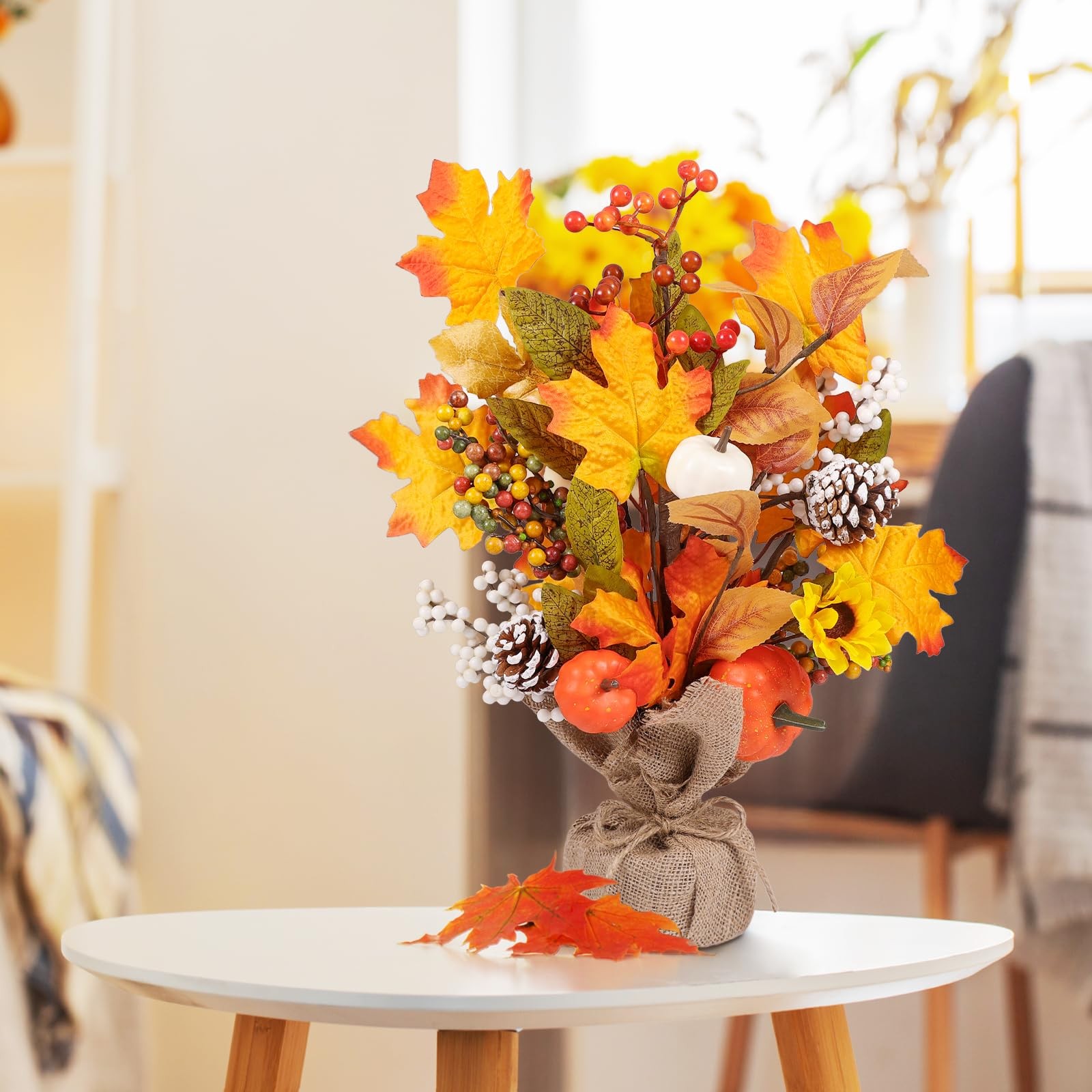 2 PCS Fall Maple Tabletop Tree Decor Pumpkins Pinecones LED Burlap Base Autumn