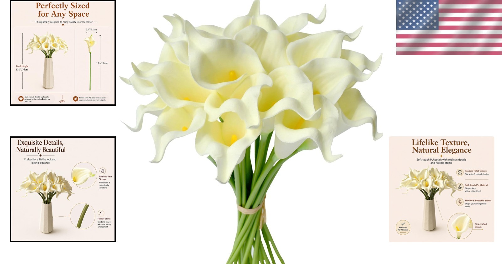 Realistic 20 Cream Calla Lilies – 13.5″ Elegant Floral Bouquet for Home & Events