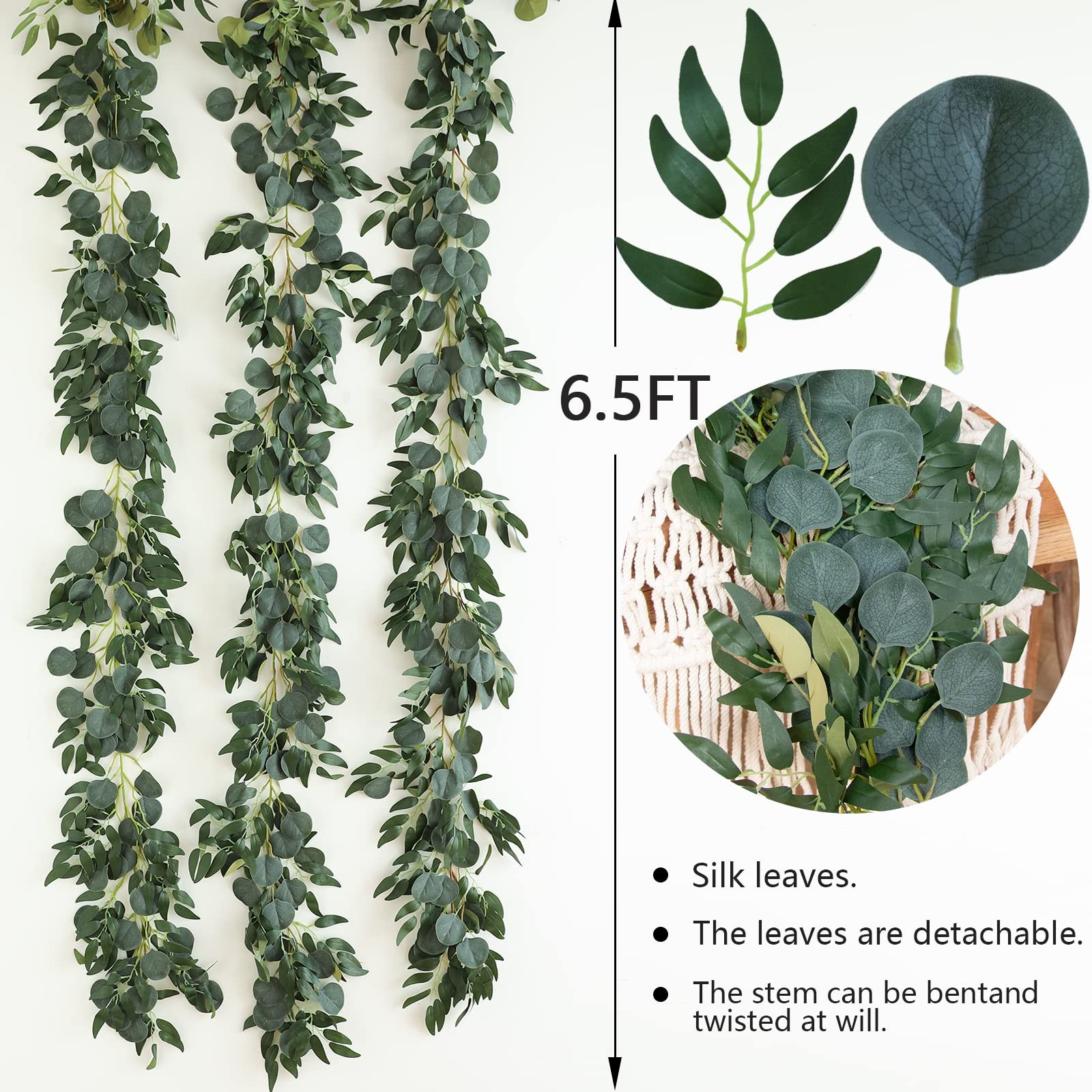 3Pcs Fake Eucalyptus Vines, 6.5FT Silk Ivy Garland, Odorless Lush Green Leave…